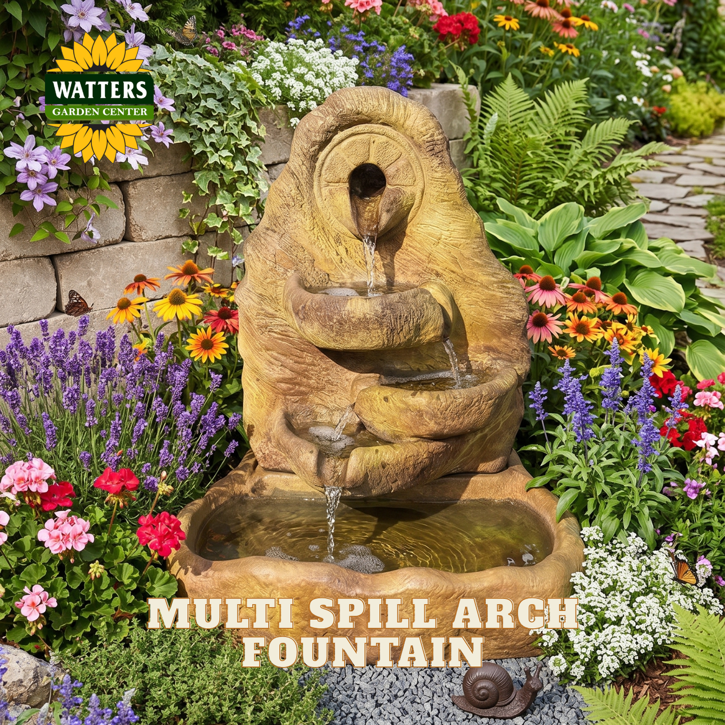 A Watters Gardens Center multi spill arch fountain made of textured stone, shown in a lush garden setting with colorful flowers and green foliage. The fountain features a carved arch design with water flowing from the top spout through two curved tiers into a basin below.