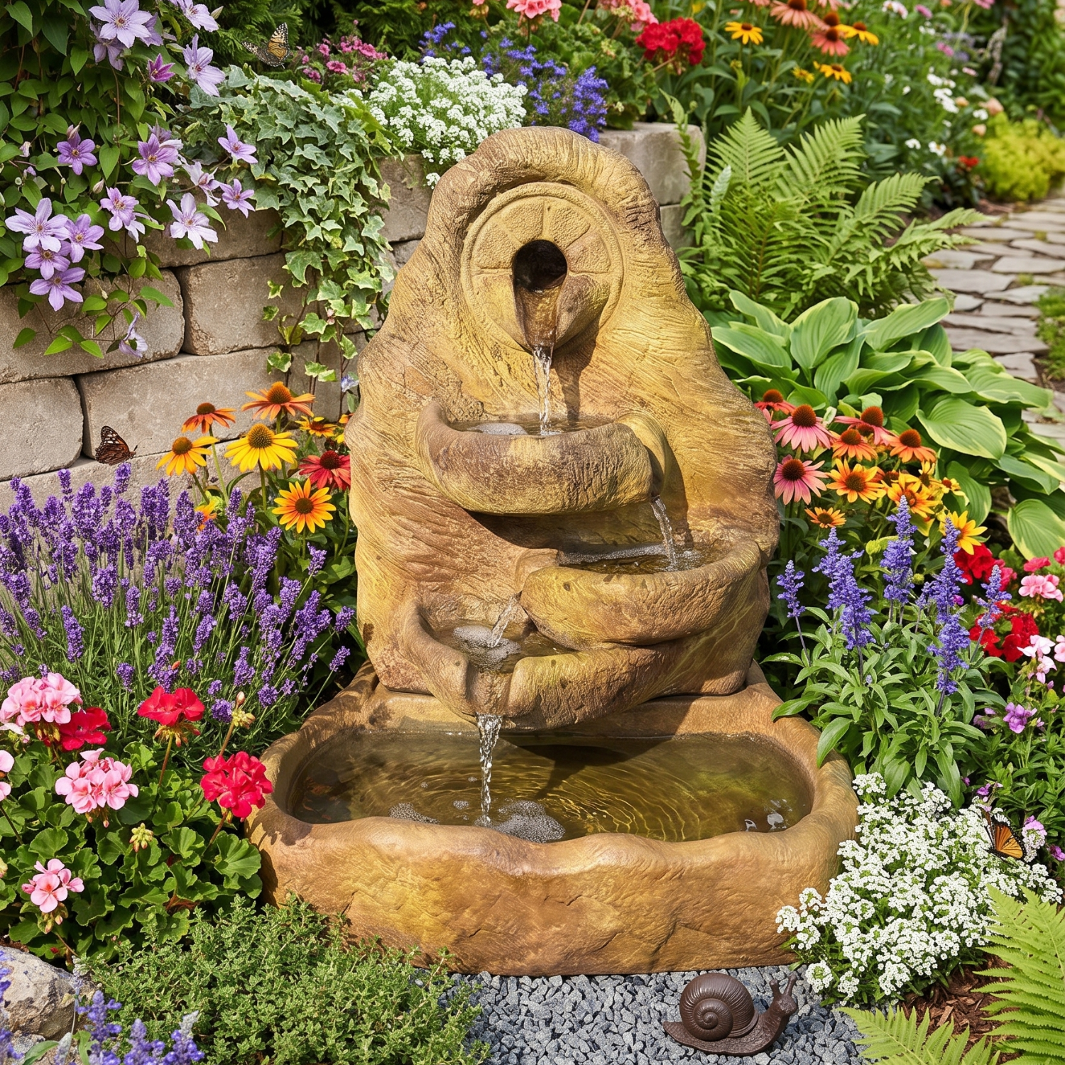 A rustic stone-look tiered water fountain with flowing water, placed in a lush garden surrounded by colorful flowers and green foliage.