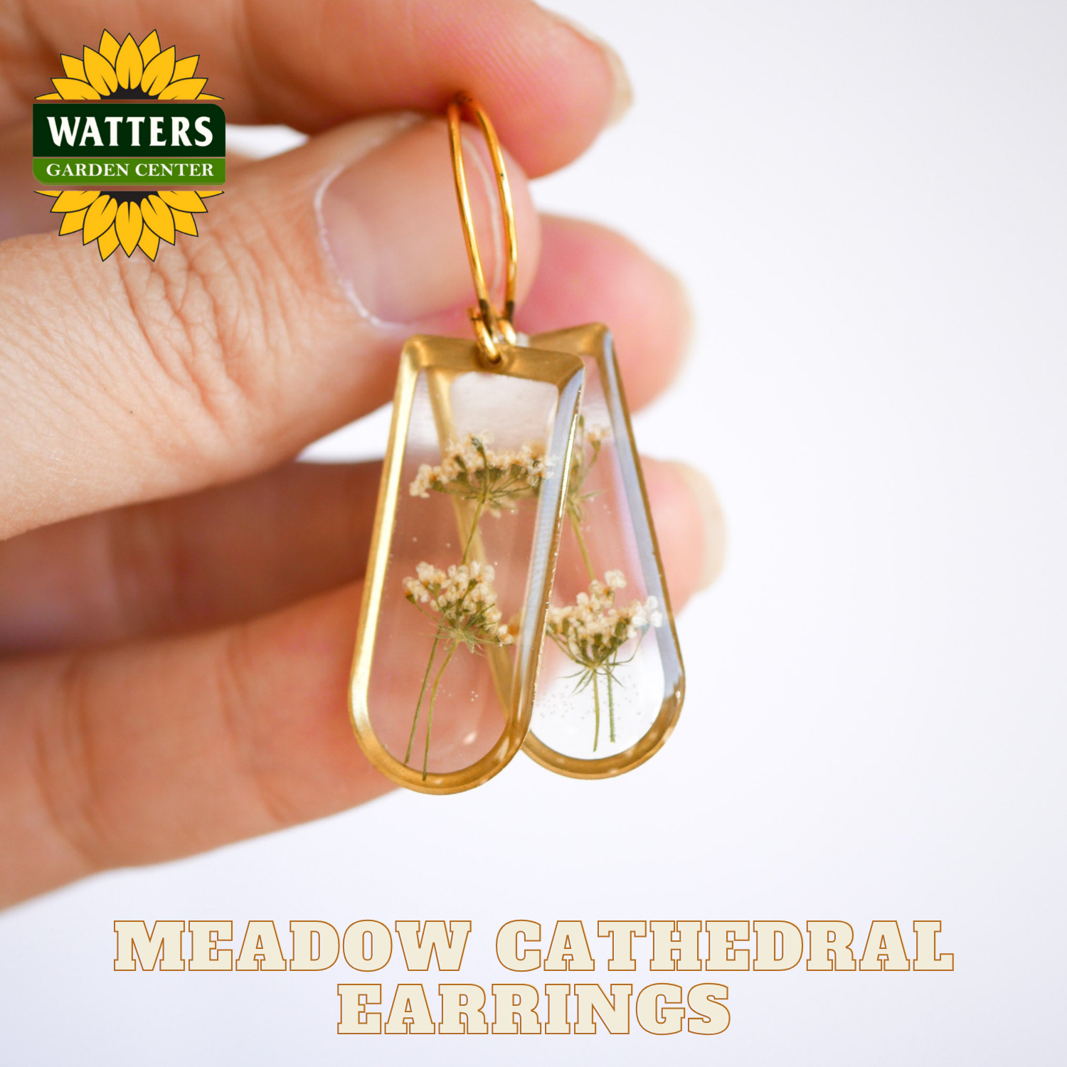 Gold earrings with dried flowers held by a hand, Watters Garden Center logo visible