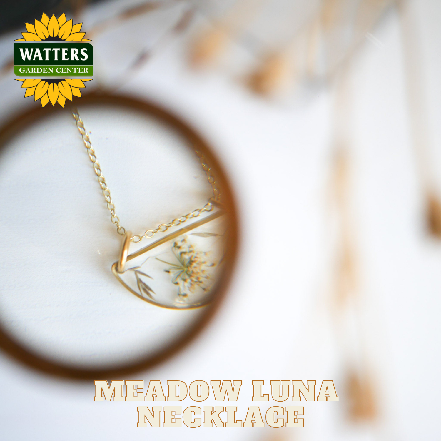 Gold necklace with a pendant under a magnifying glass, branded with Watters Garden Center.