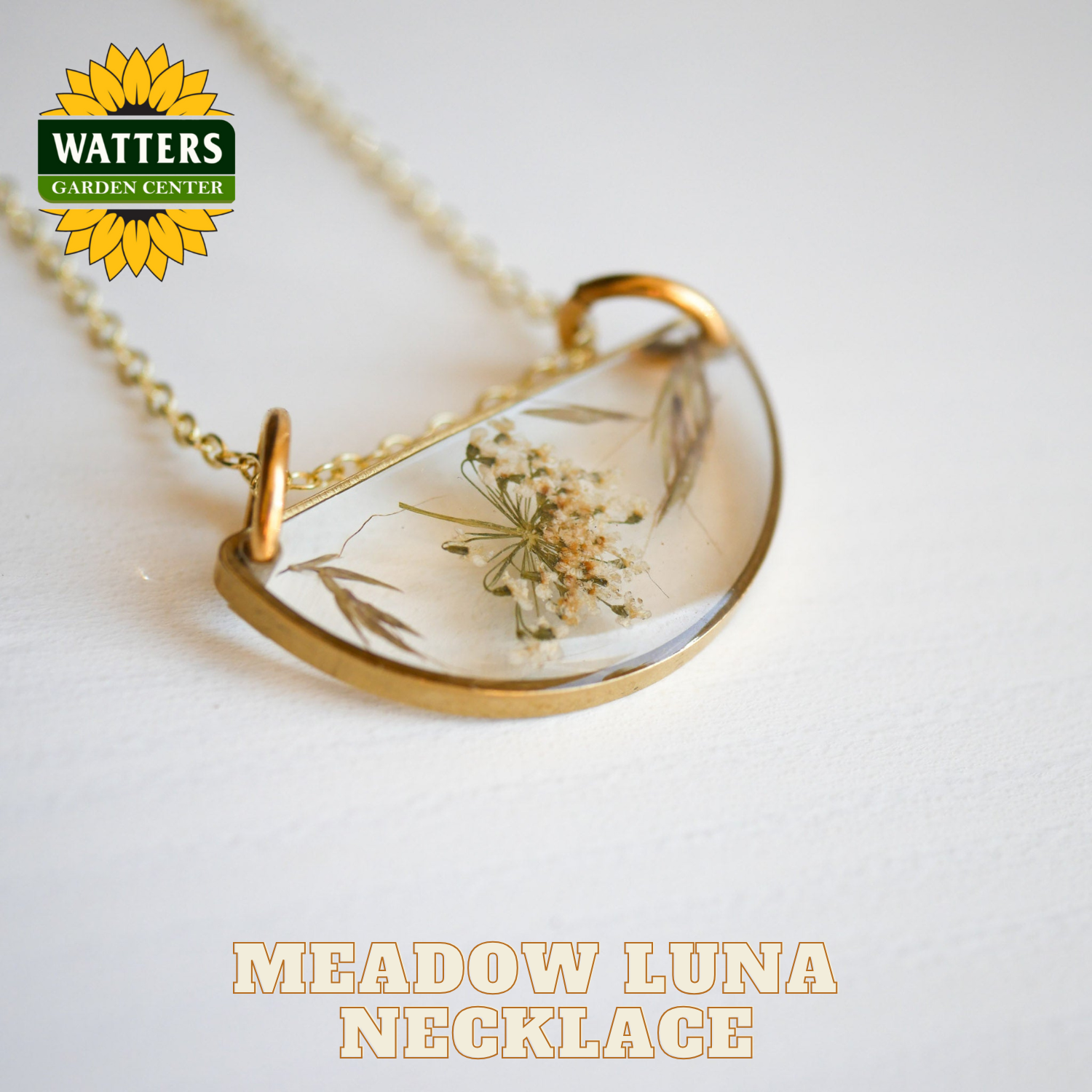 Meadow Luna necklace with gold chain and clear pendant on a white background, featuring Watters Garden Center logo.