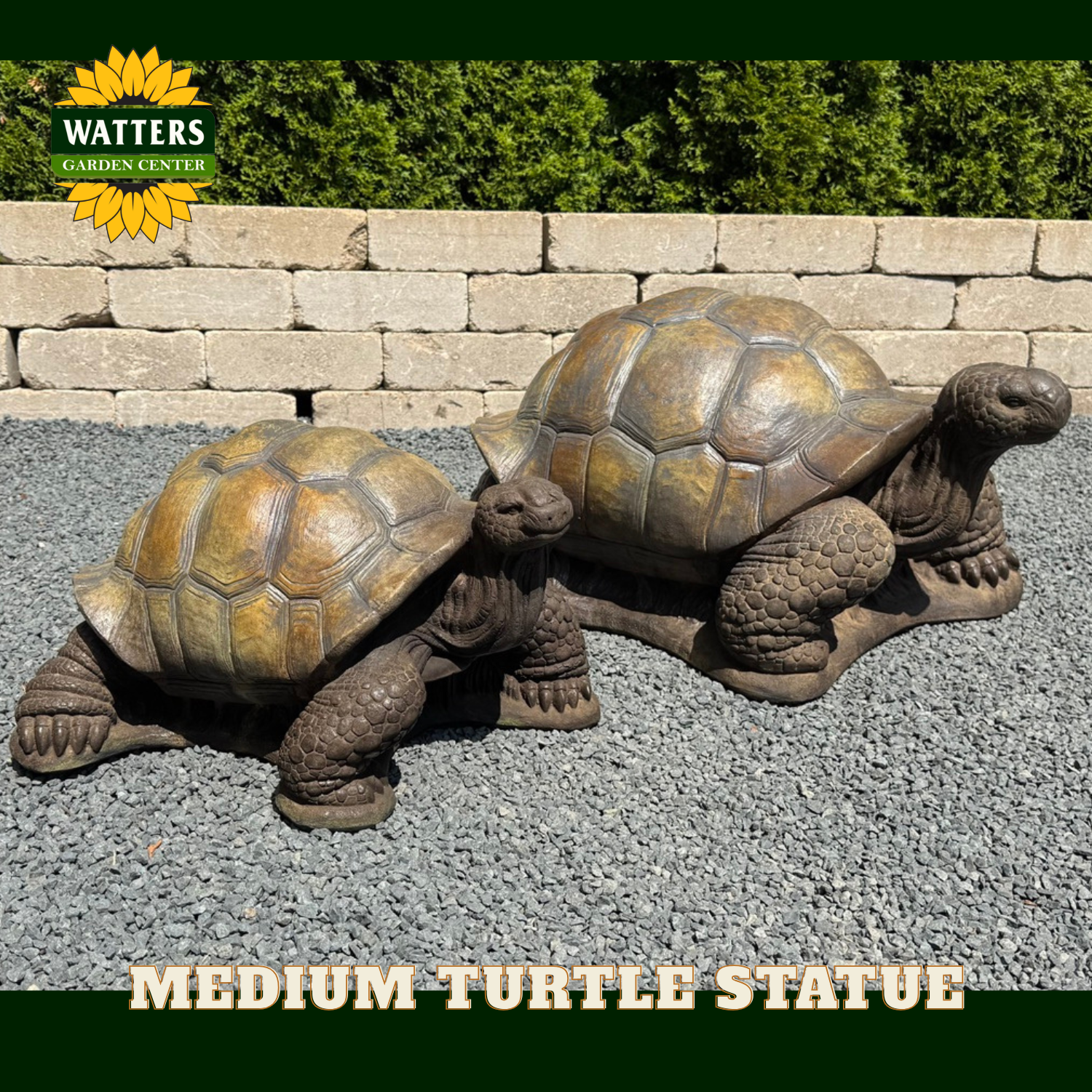 Turtle statues on gravel.