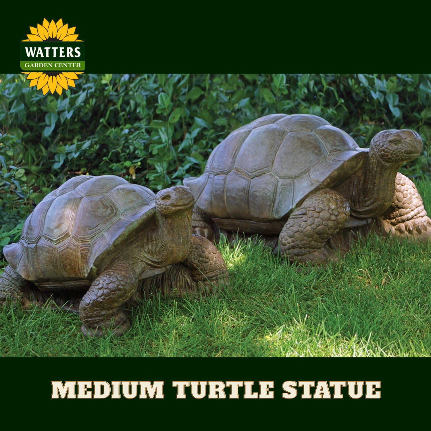 Turtle statues in a garden with Watters logo.
