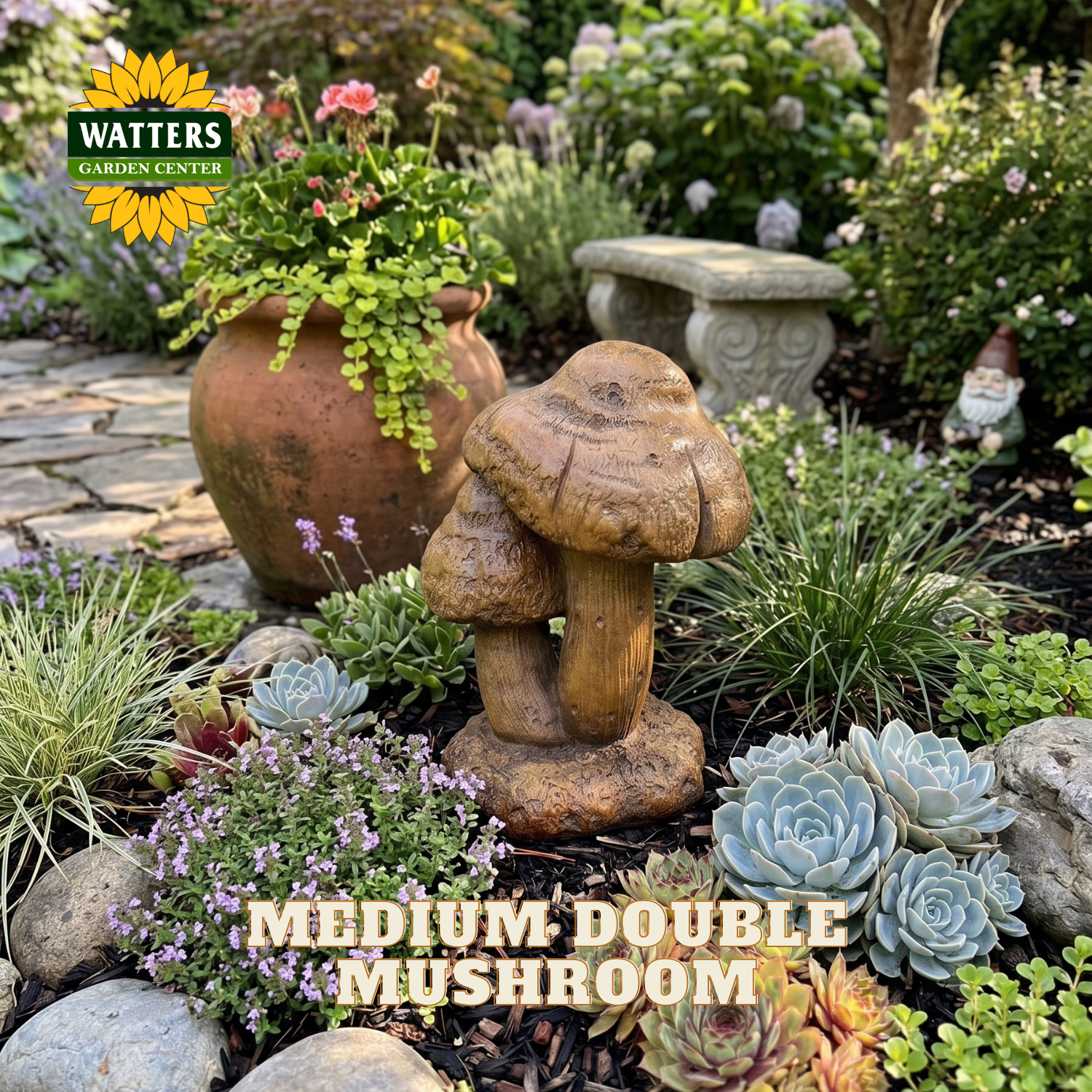 A garden scene showing a decorative double mushroom garden statue in a landscaped bed with succulents, a terracotta planter, and a stone bench. The Watters Garden Center logo appears in the top left, and the text 'MEDIUM DOUBLE MUSHROOM' is overlaid at the bottom.