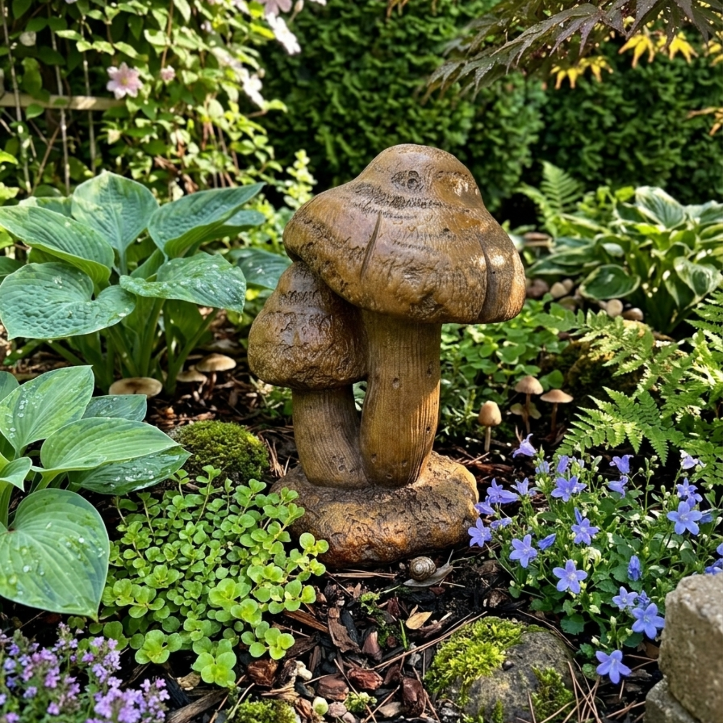 A carved wooden garden mushroom statue stands in a lush garden bed surrounded by green foliage, small purple flowers, moss, and mulch.
