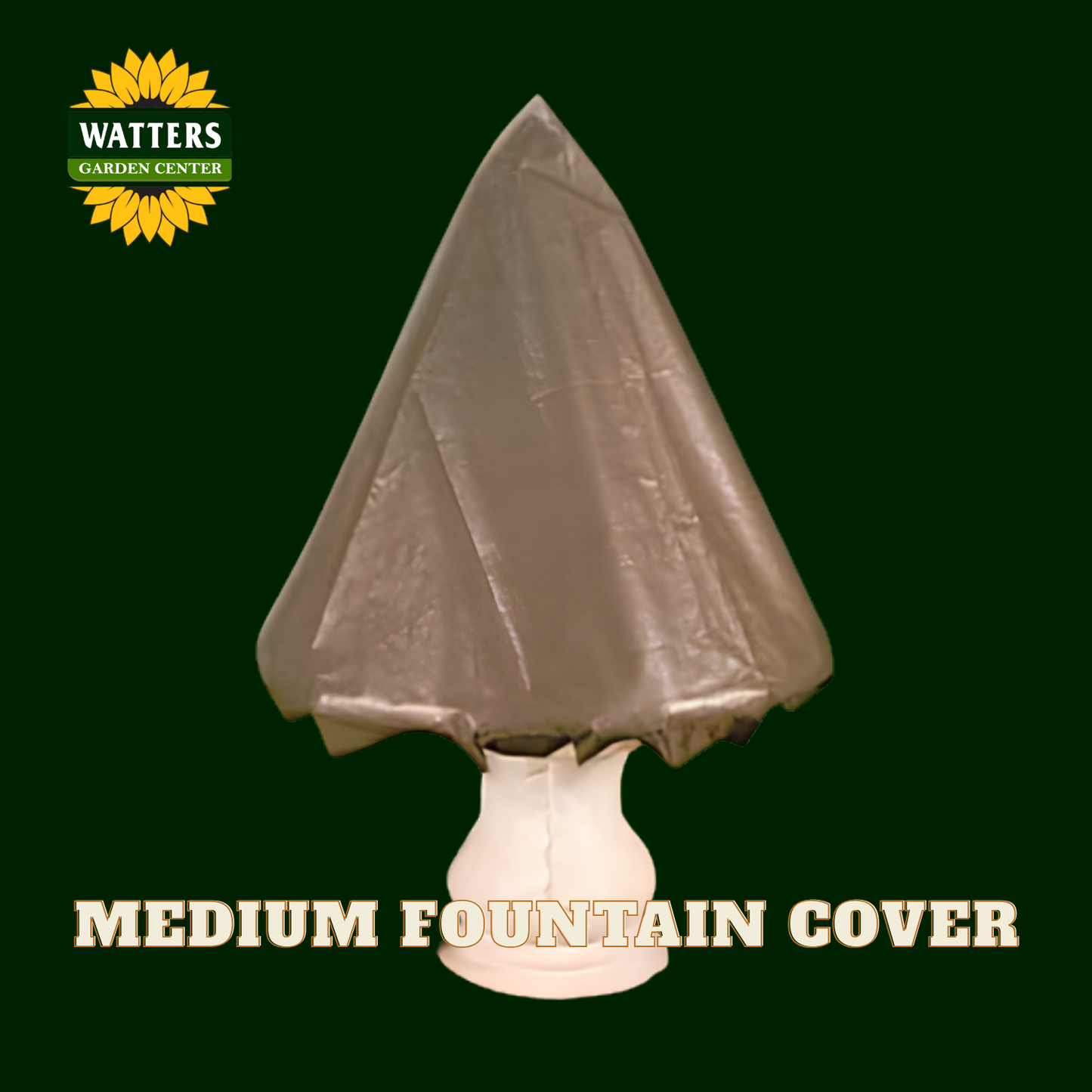 A medium-sized gray plastic fountain cover displayed on a white pedestal against a dark green background, with the Watters Gardens Center logo in the top-left corner and the text 'MEDIUM FOUNTAIN COVER' at the bottom.