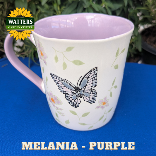White mug with butterfly design on a blue surface, featuring Watters Garden Center logo.
