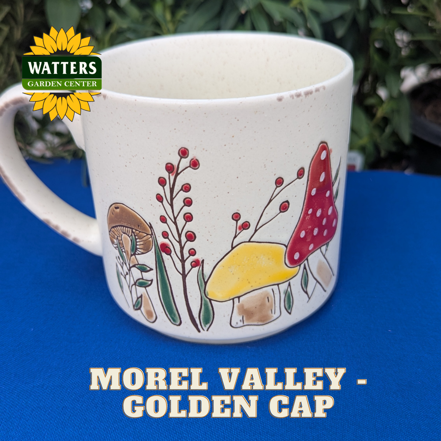 Mug with mushroom design on a white surface, featuring Watters Garden Center logo.