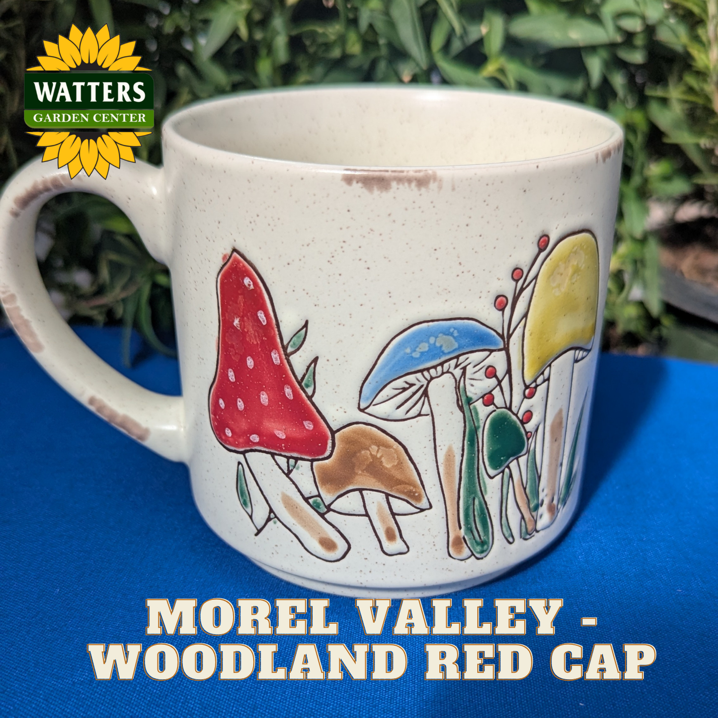Mug with colorful mushroom design on a blue surface, Watters Garden Center logo visible.