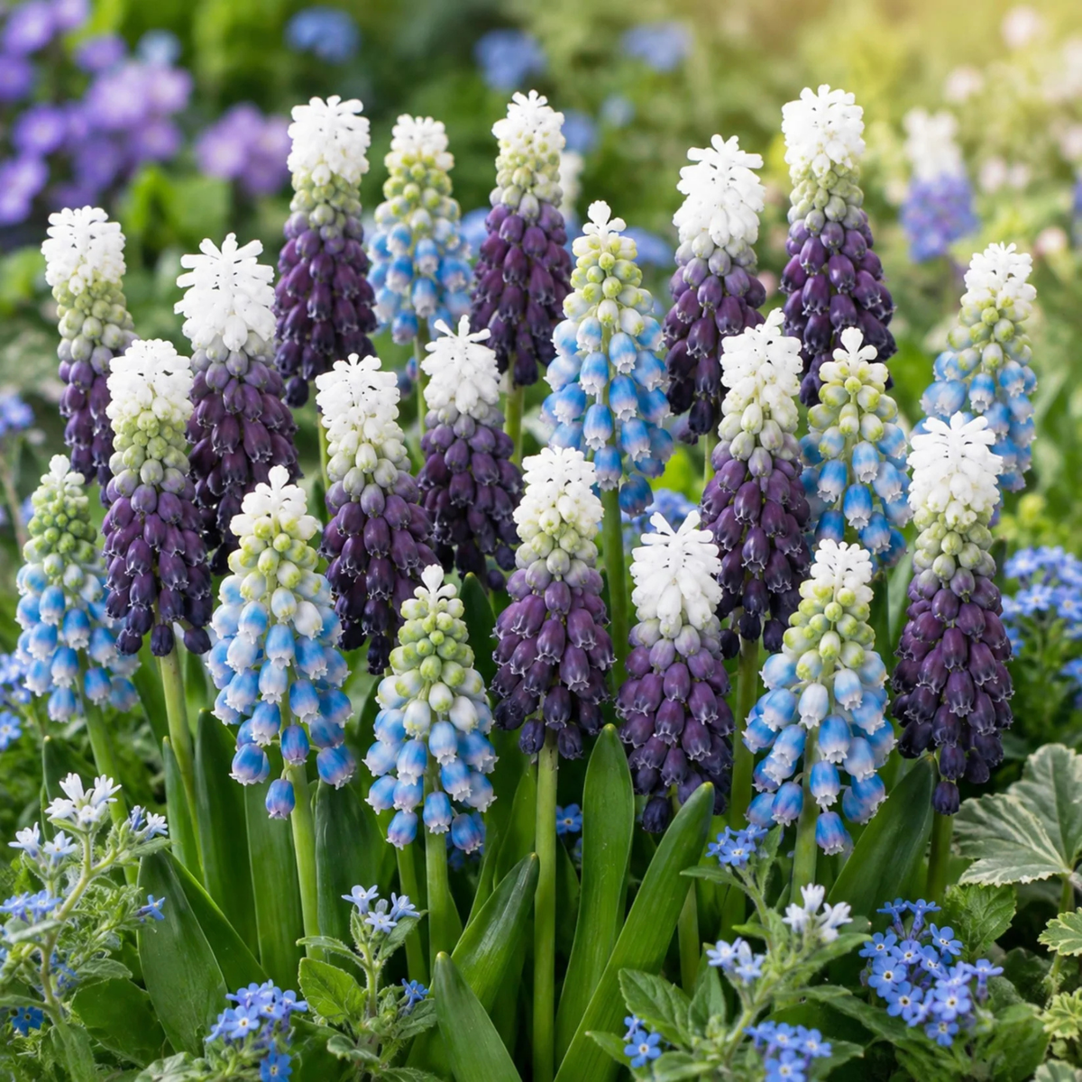 A cluster of grape hyacinth flowers in a garden setting, featuring upright spikes of white, purple, and blue bells with green foliage.