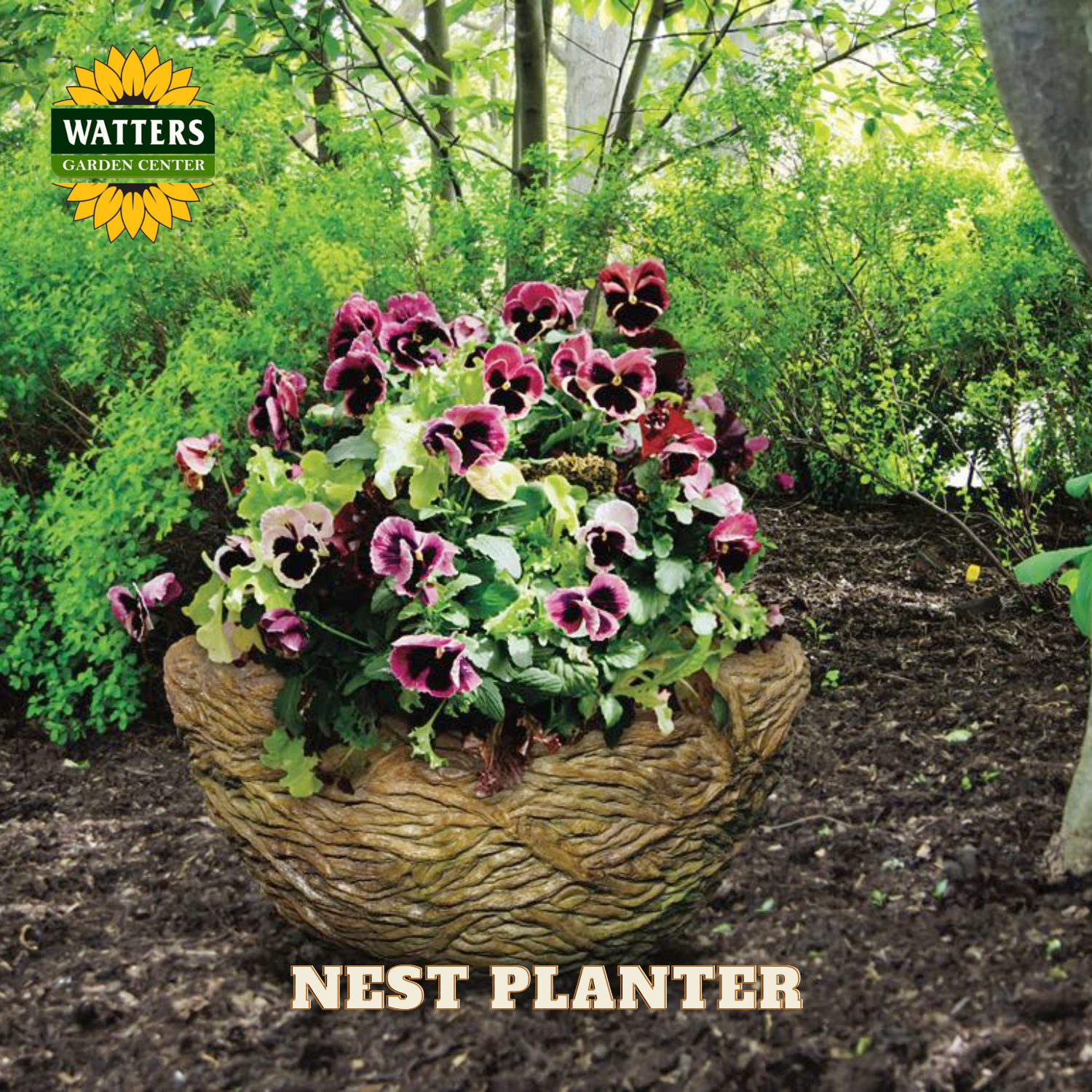 Nest planter with pansies in a garden setting.