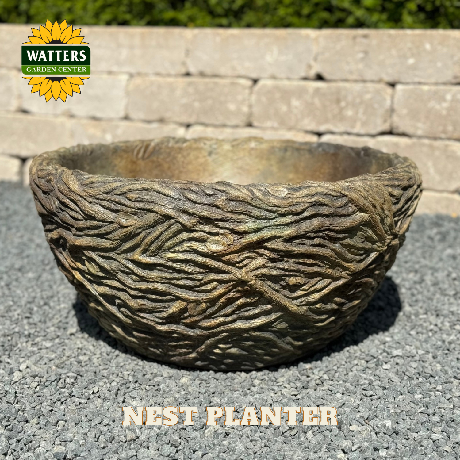 Nest Planter on gravel with Watters logo.