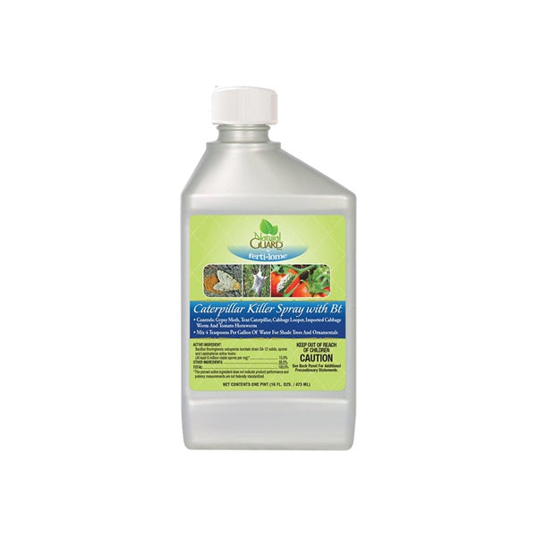 White bottle of caterpillar killer spray with a green label on a white background
