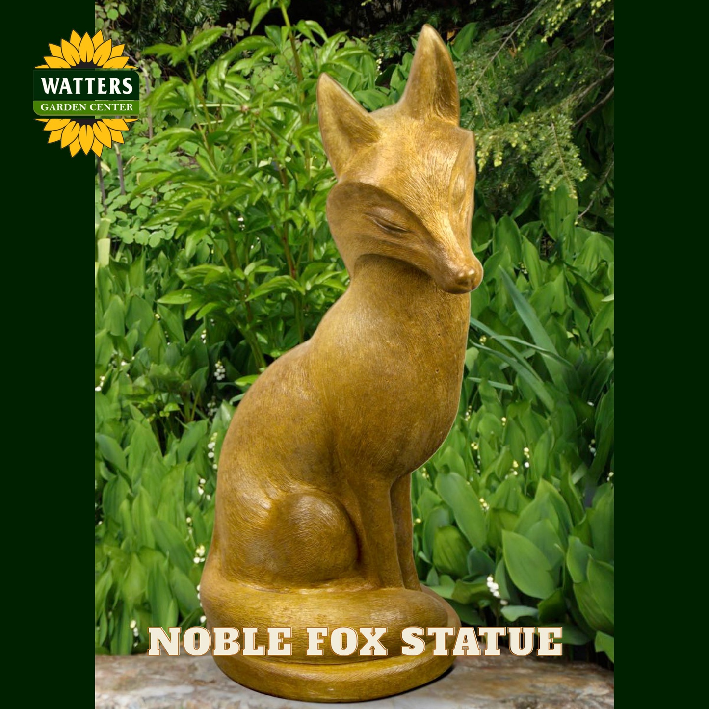 Brown fox statue in a garden setting with Watters logo.