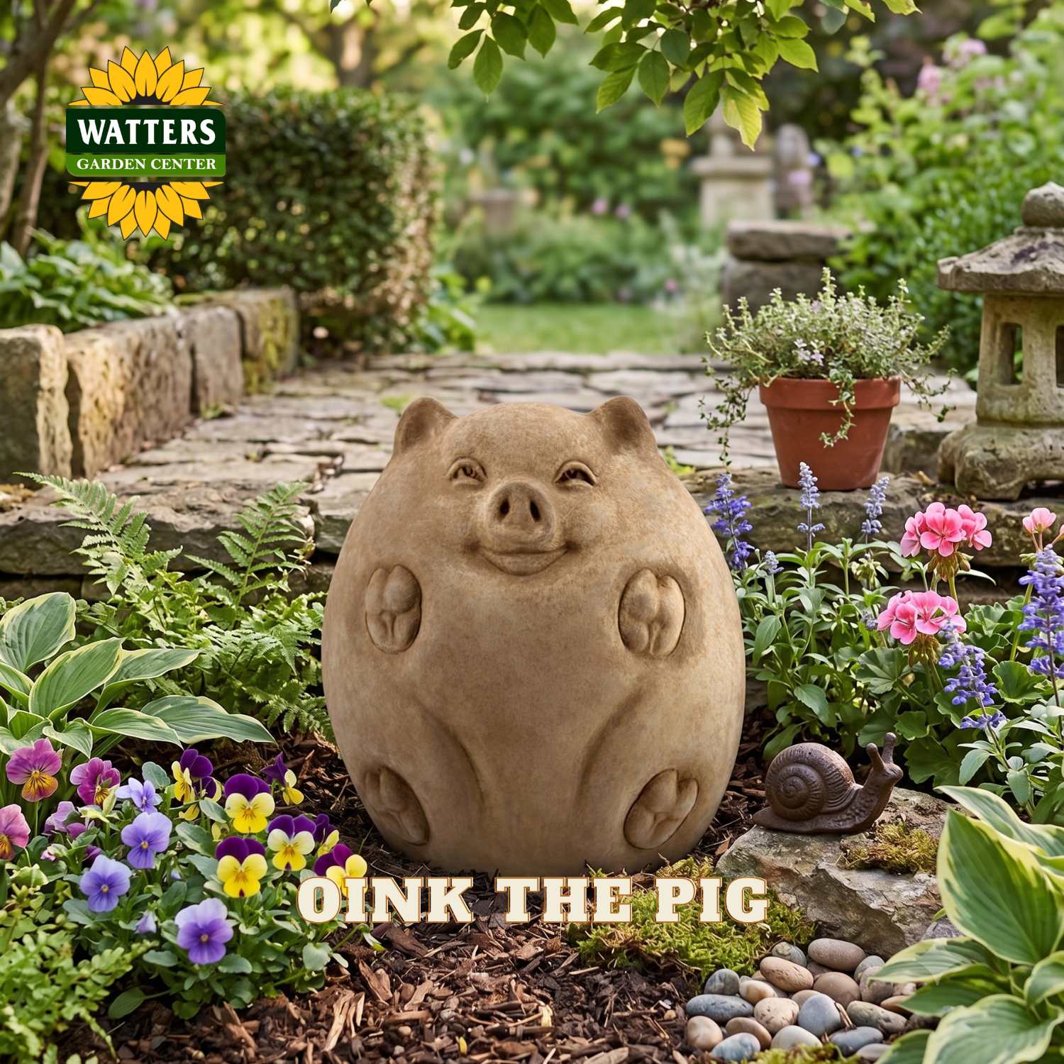 A round, pig-shaped garden statue in a natural stone finish sits on a garden path surrounded by colorful flowers, green foliage, and a stone garden pathway. The Watters Gardens Center logo is in the top-left corner, and the text 'OINK THE PIG' is overlaid at the bottom.