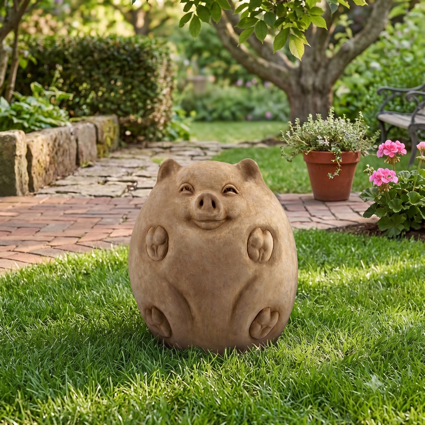 A round, pig-shaped garden statue in a warm sandy beige color, sitting on a green lawn in a landscaped garden with a brick path, potted plants, and trees in the background.