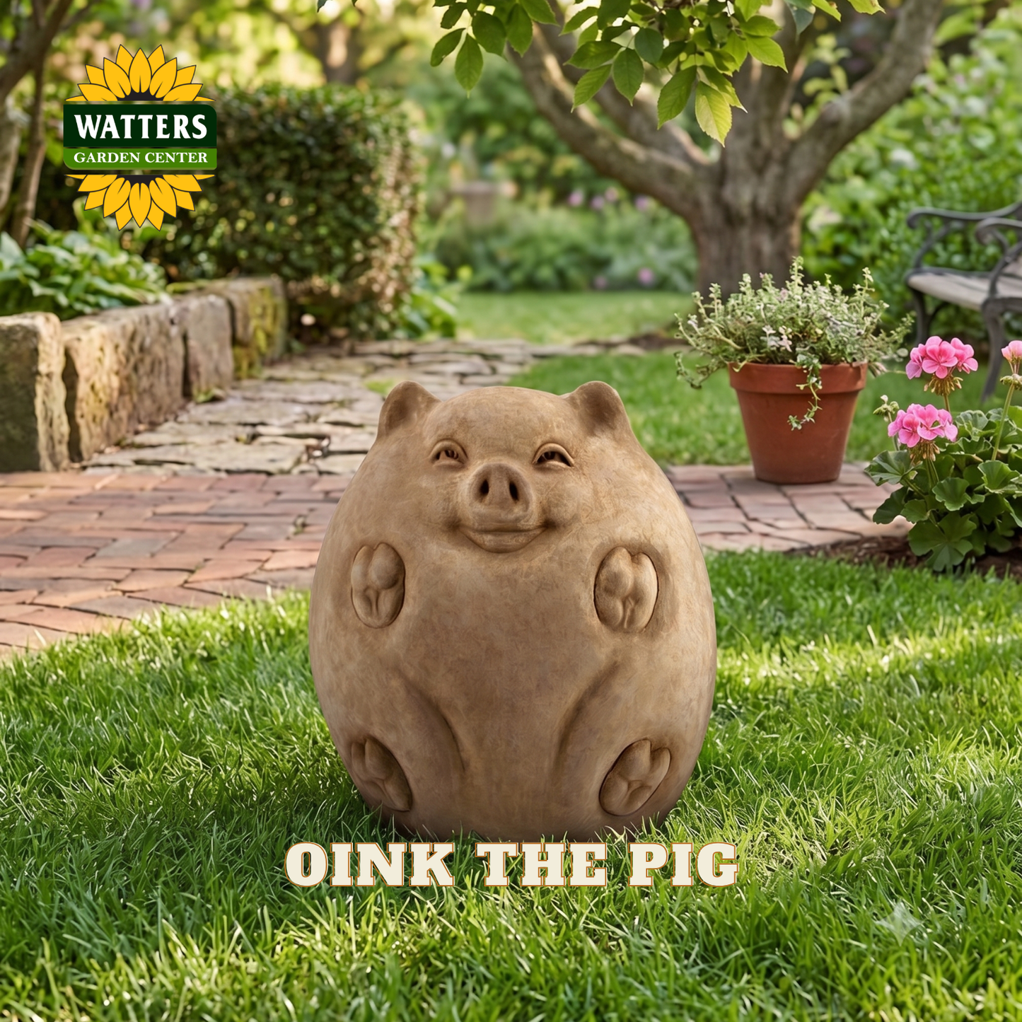 A round, pig-shaped garden statue in a warm tan color sits on a green lawn in a backyard garden setting. The statue features carved details for eyes, snout, and hooves.