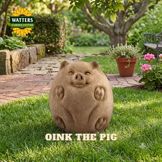 A round, pig-shaped garden statue in a warm tan color sits on a green lawn in a backyard garden setting. The statue features carved details for eyes, snout, and hooves.