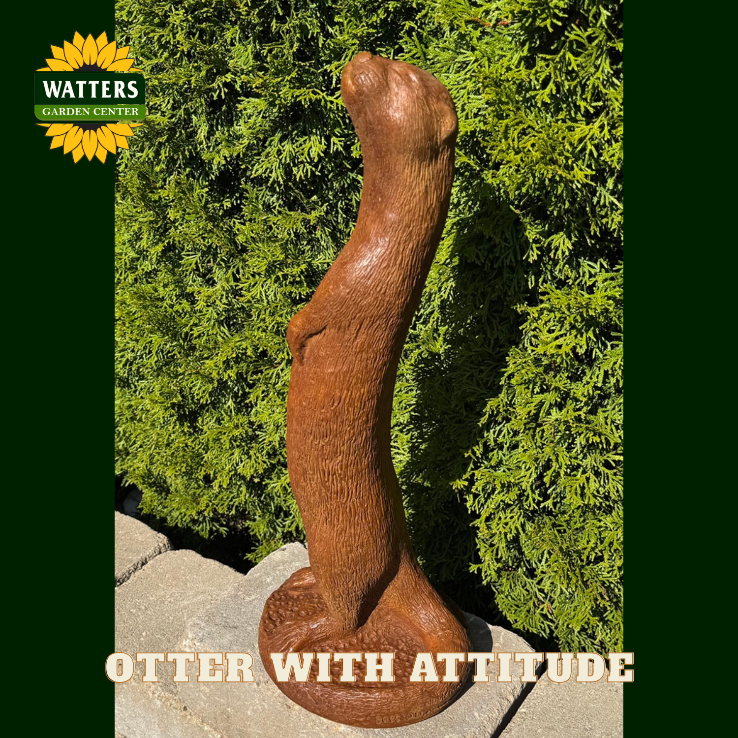 Brown otter standing on its back legs in a garden setting with the Watters logo.