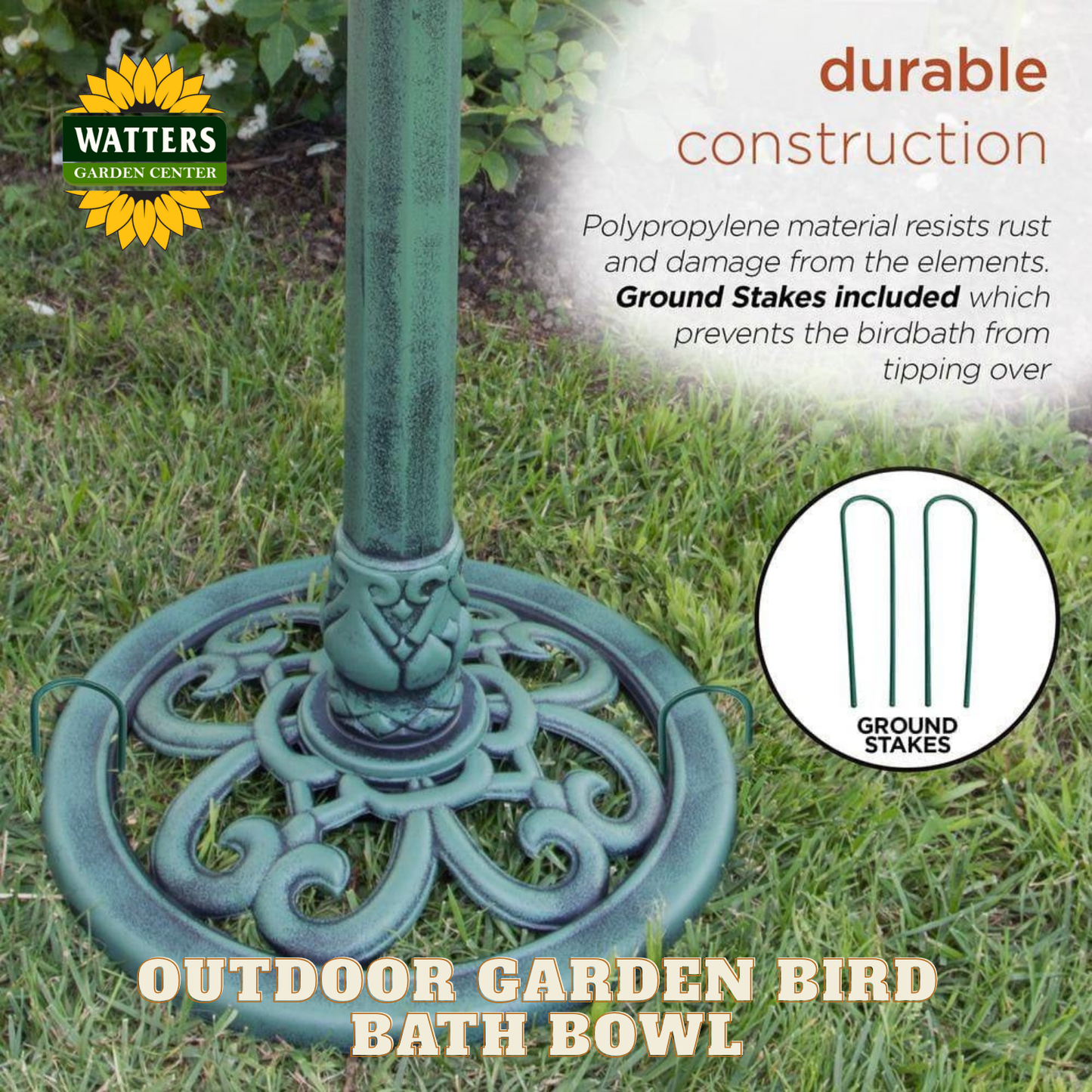 Outdoor garden bird bath bowl with durable construction features on a grassy background