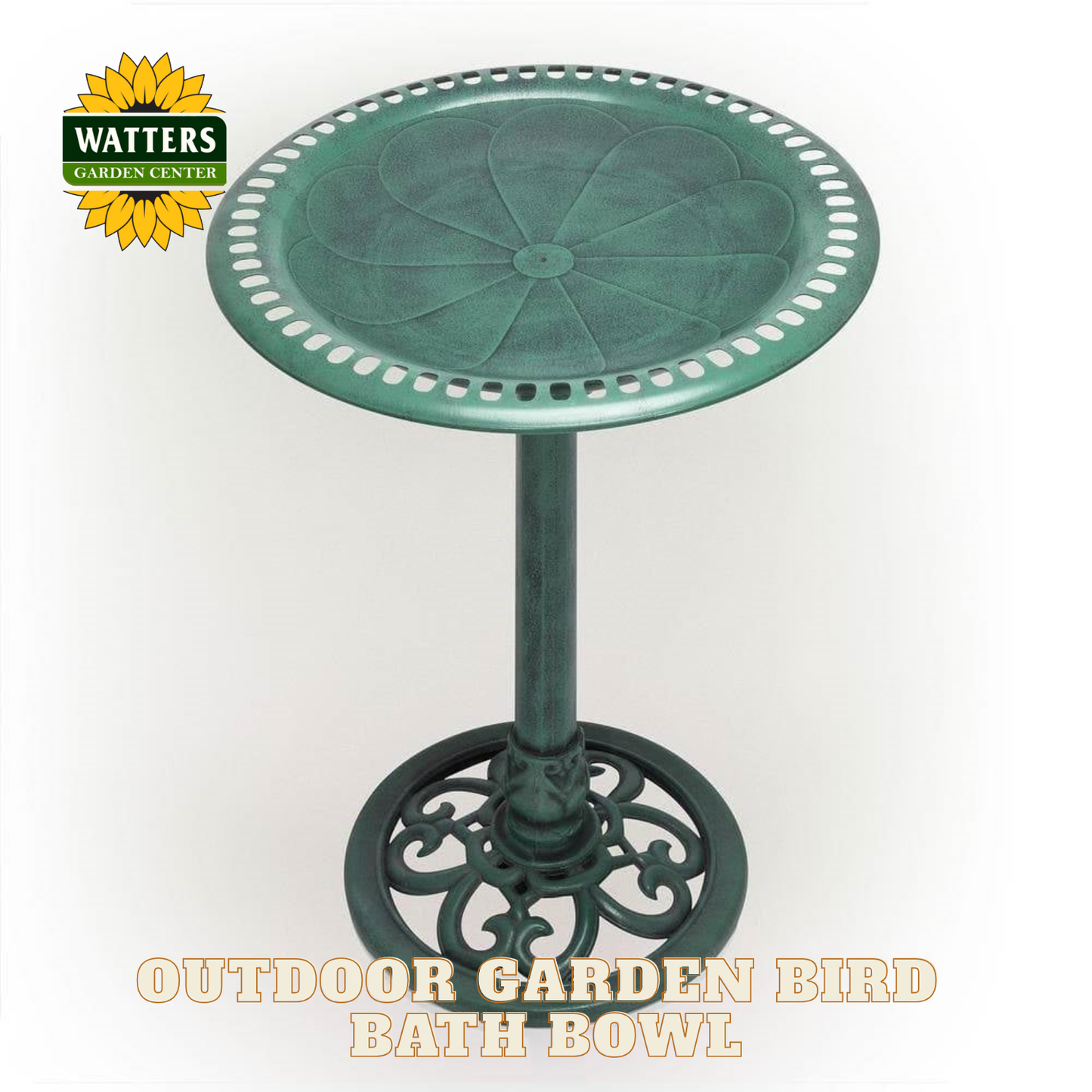Green garden bird bath bowl with decorative base on a white background, featuring Watters Garden Center logo.