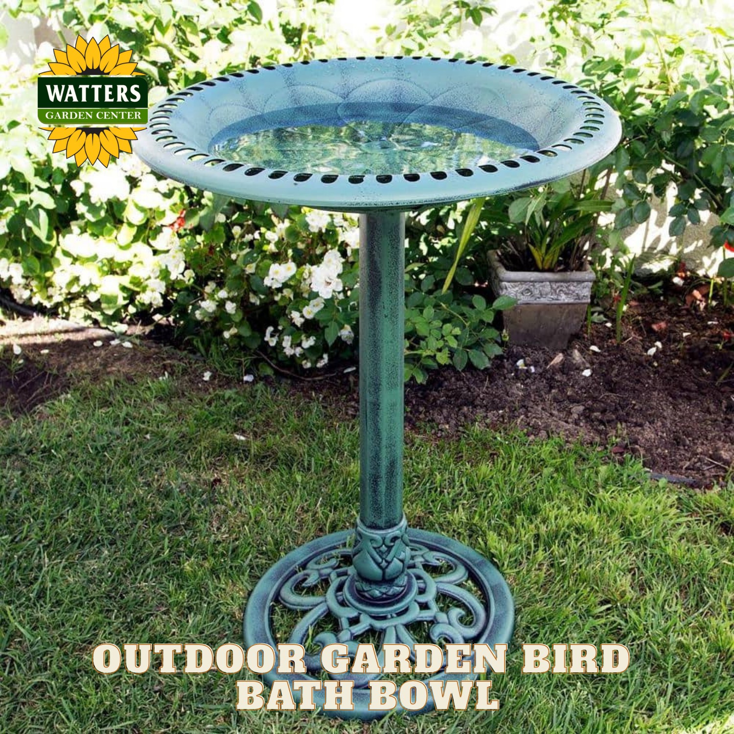 Green bird bath bowl on a stand in a garden setting with Watters Garden Center branding.