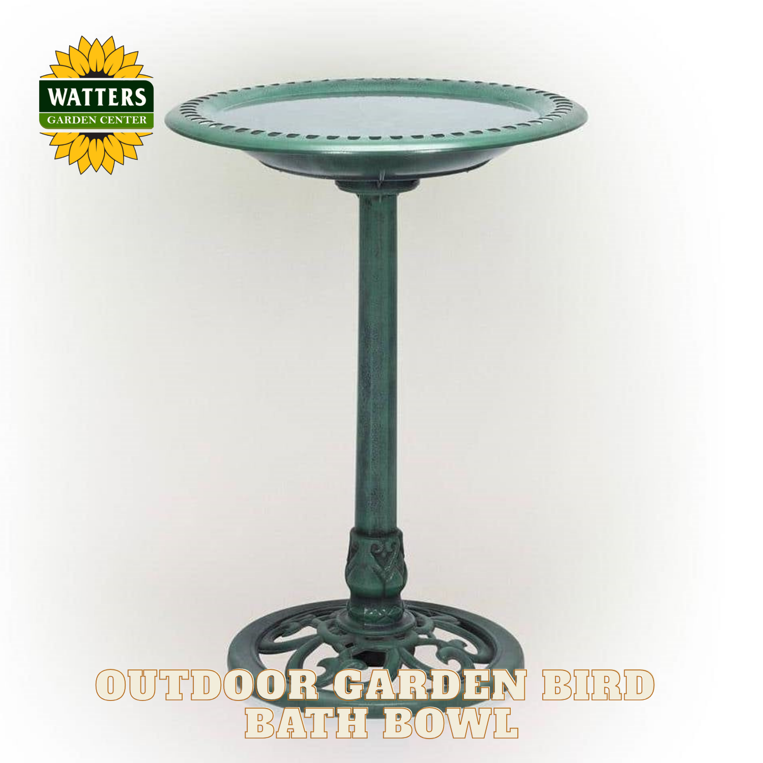 Green outdoor garden bird bath bowl with Watters Garden Center branding on a white background
