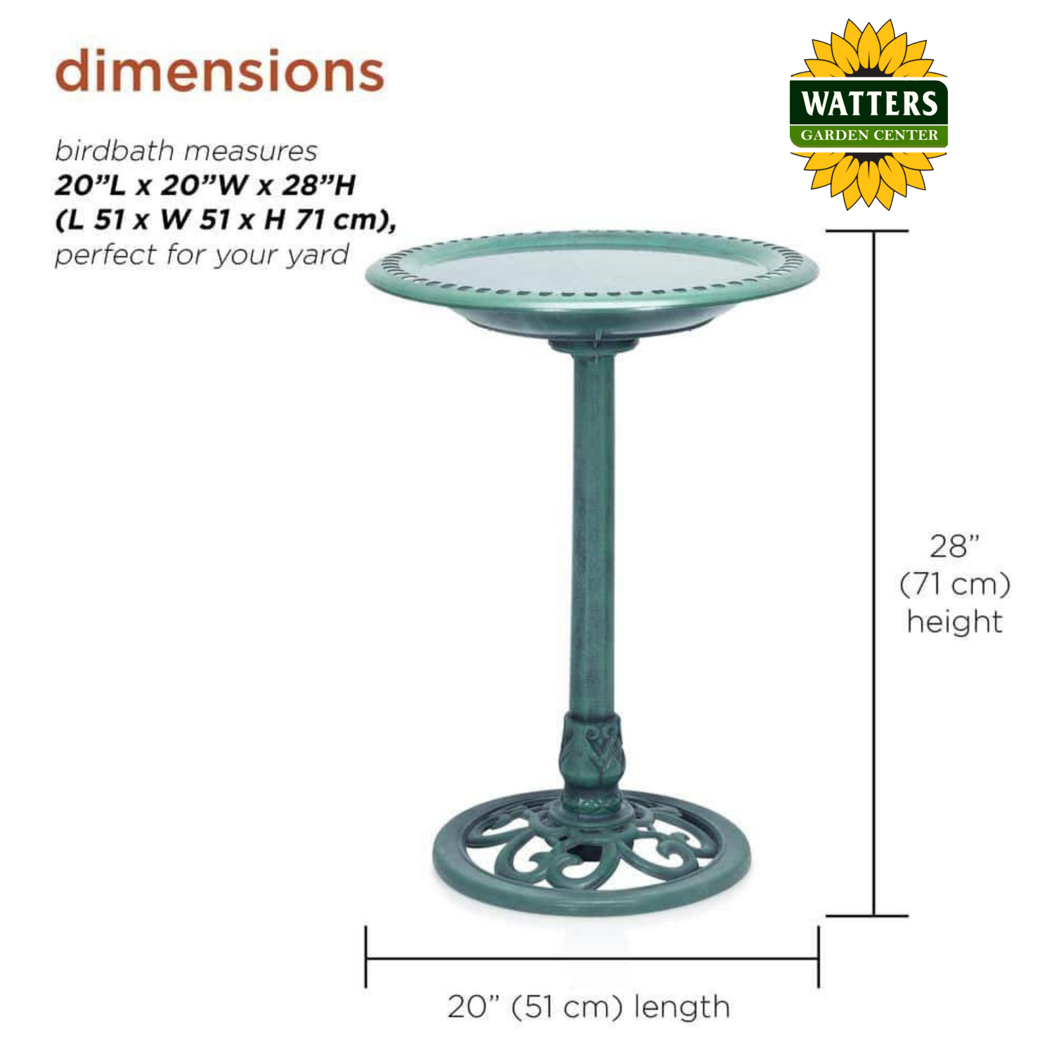 Dimensions of a bird bath with Watters Garden Center logo