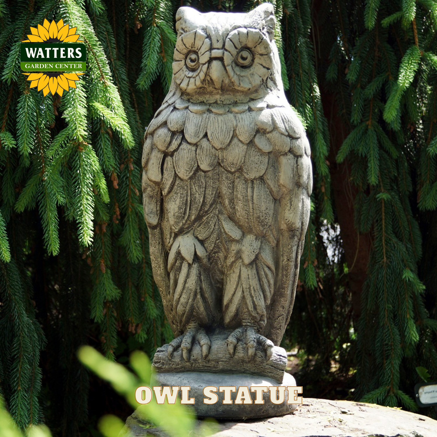 Owl Statue in garden with Watters logo.