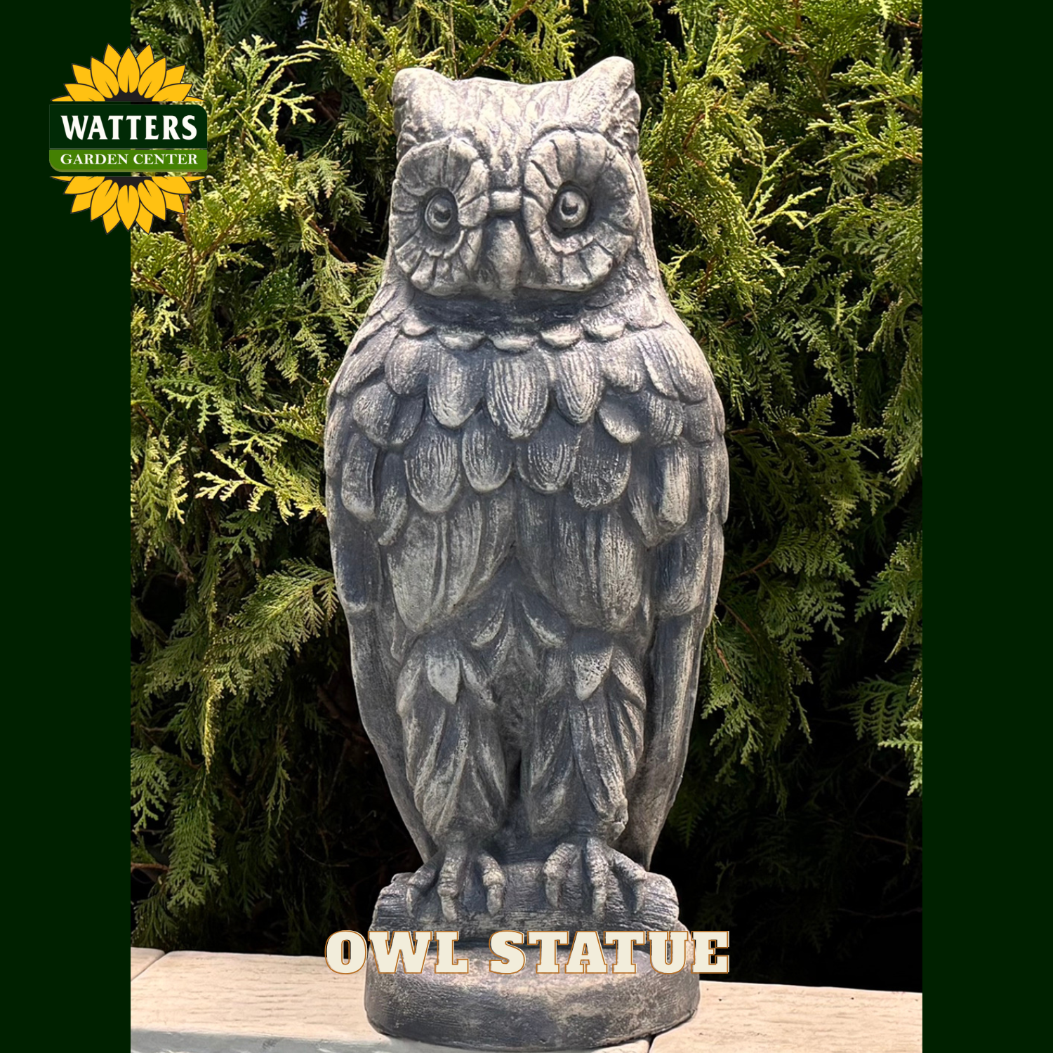 Owl Statue in garden with Watters logo.