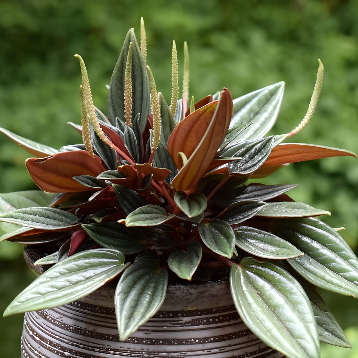 A potted Peperomia plant with glossy green leaves, reddish-brown upper leaflets, and upright pale seed-pod spikes, shown in a striped pot against a blurred green outdoor background.