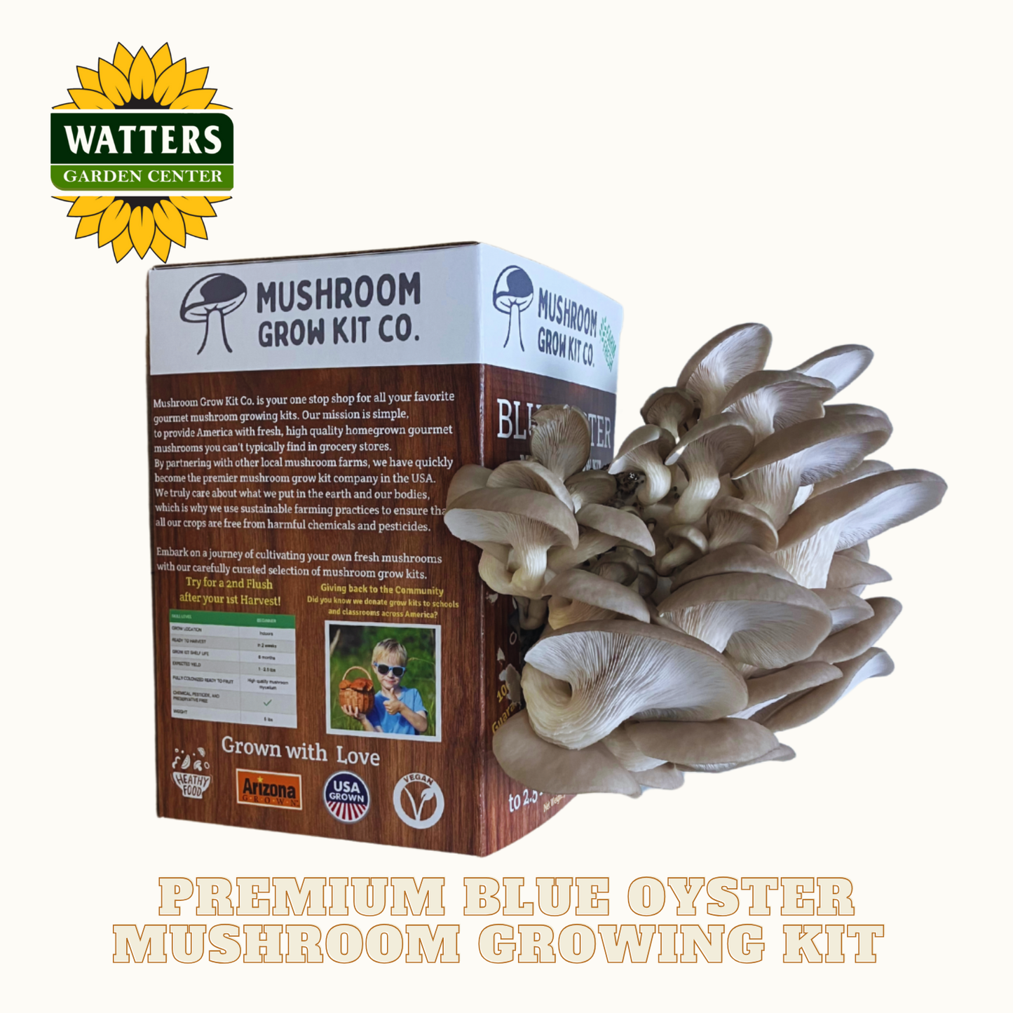 Mushroom grow kit with oyster mushrooms displayed in front of a Watters Garden Center logo.