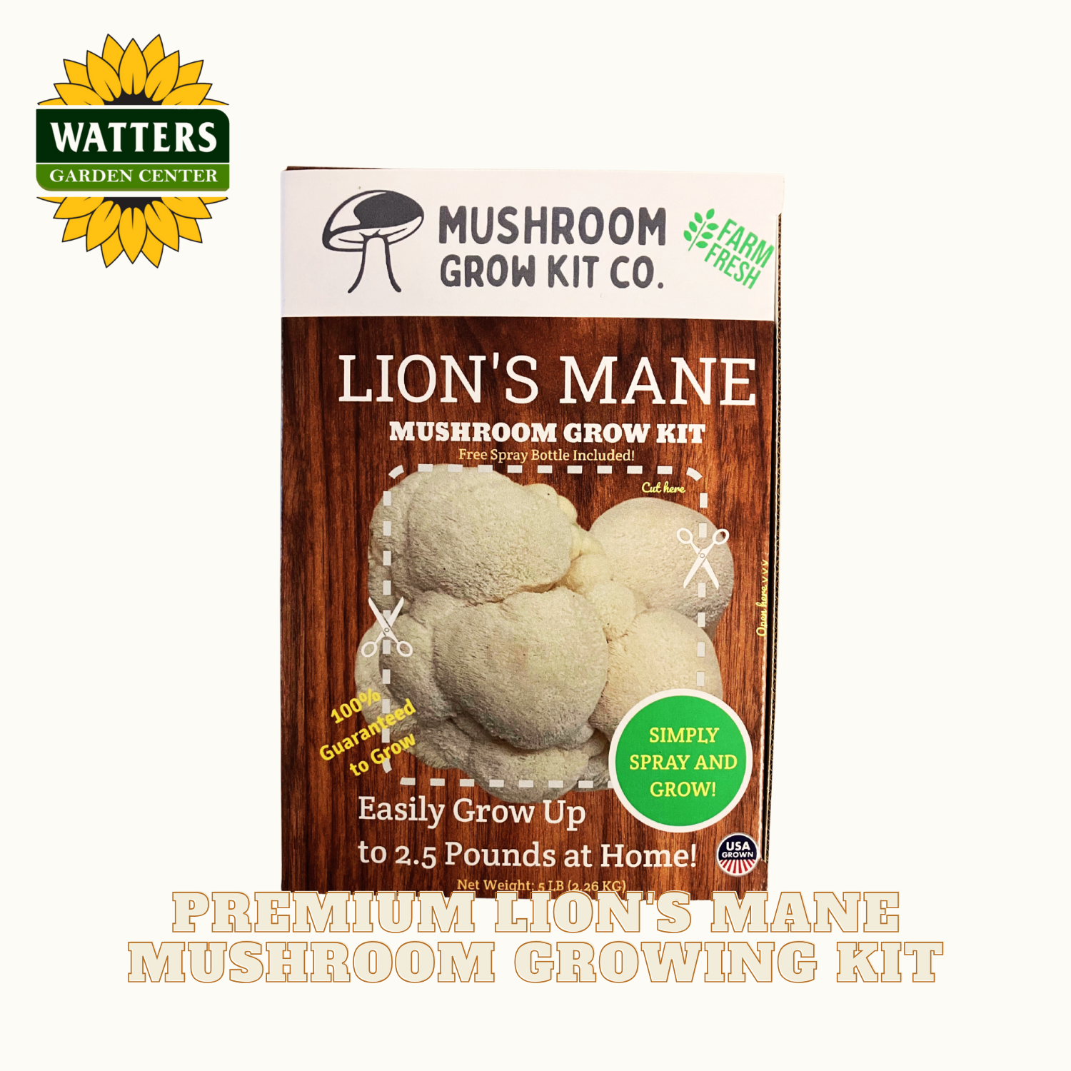 Mushroom grow kit packaging with Watters Garden Center logo on a white background