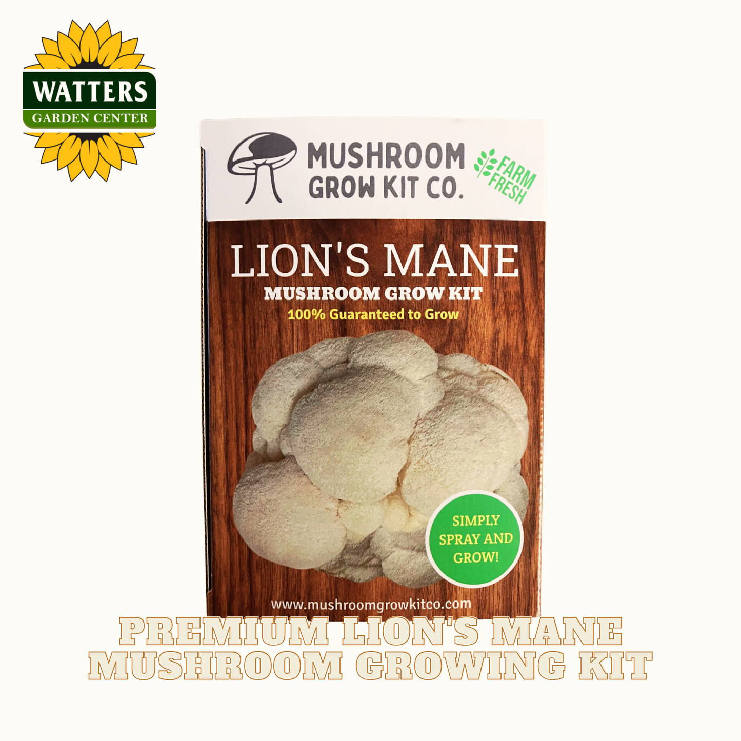 Mushroom grow kit packaging with Watters Garden Center logo on a white background