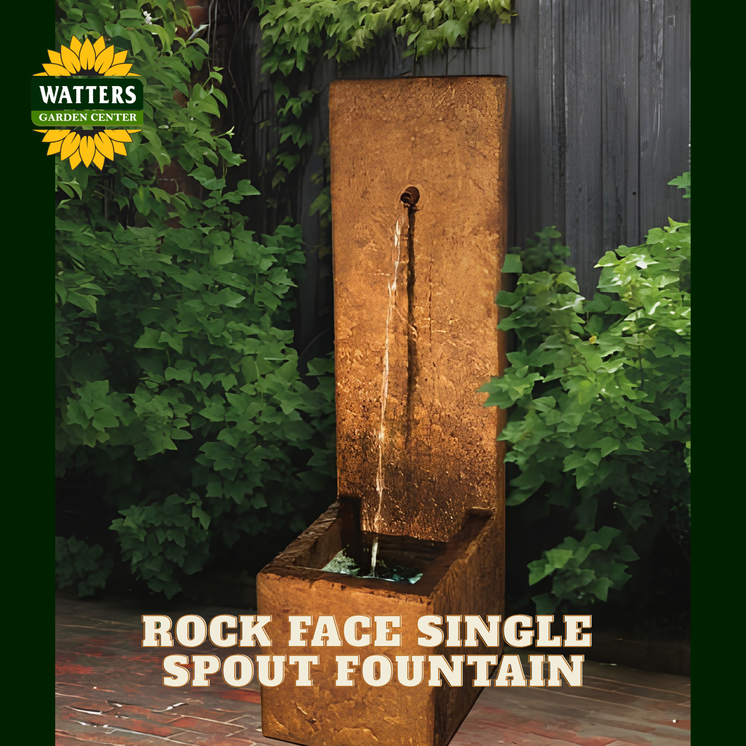 A Watters Garden Center single spout rock face fountain with a tall rectangular bronze-toned stone column and a rectangular basin at the bottom, shown outdoors with water flowing from the top to the base. Text on the image reads 'ROCK FACE SINGLE SPOUT FOUNTAIN' and the Watters Garden Center logo appears in the upper left.
