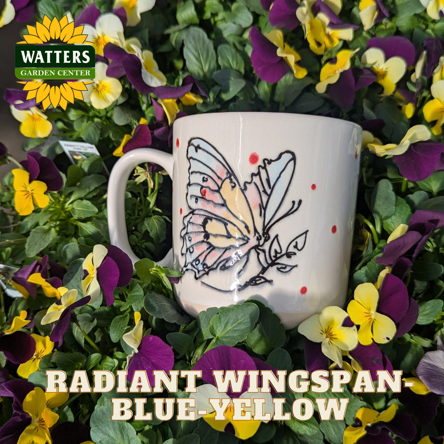 Mug with butterfly design surrounded by flowers and Watters Garden Center logo.