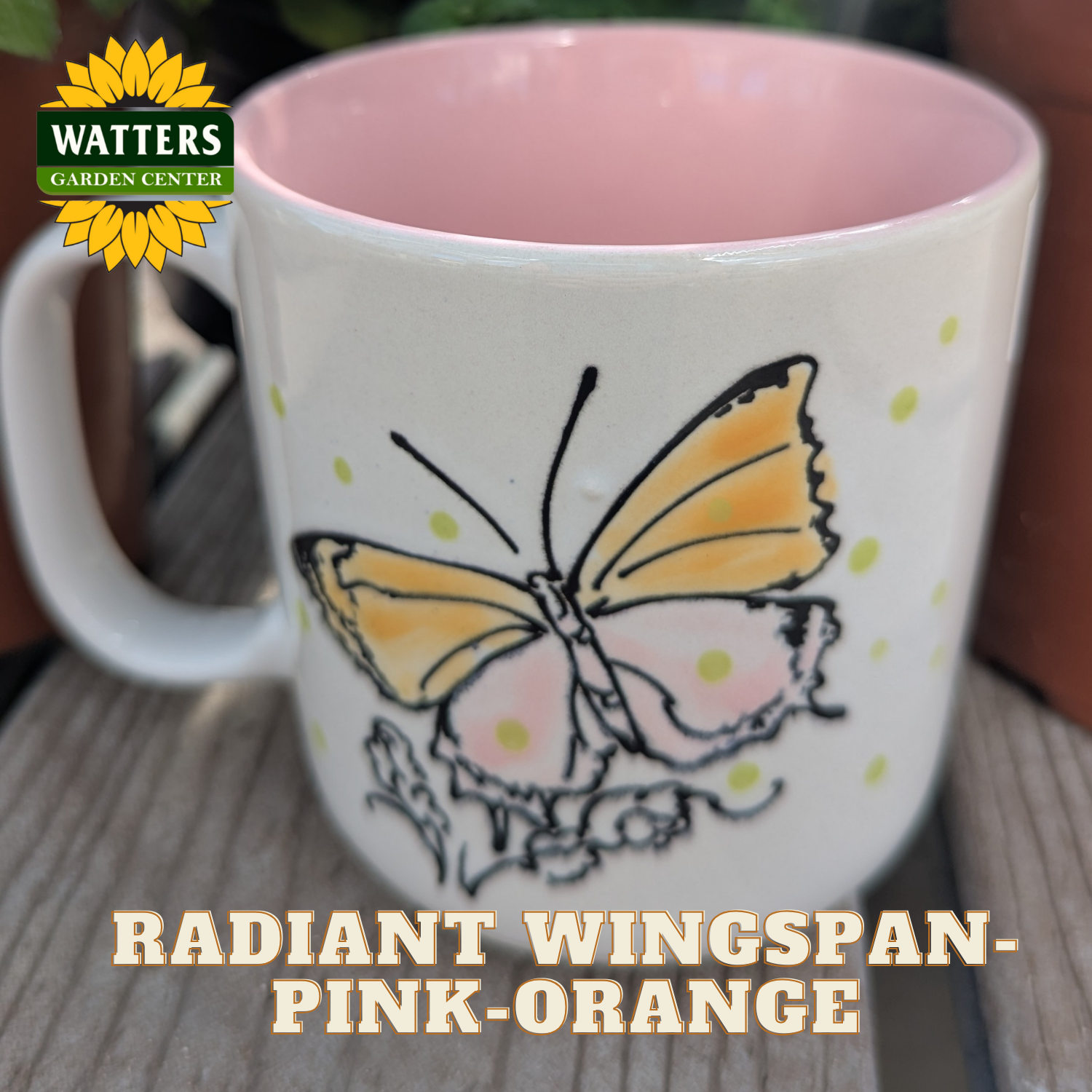 Mug with butterfly design and 'Watters Garden Center' logo