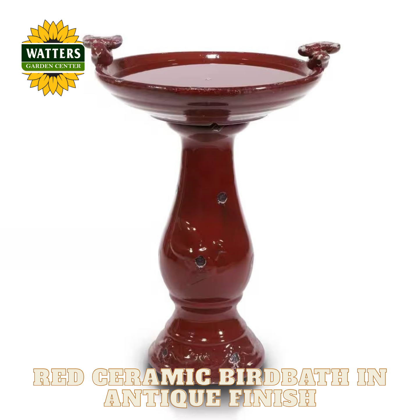 Red ceramic birdbath with 'Watters Garden Center' logo on a white background