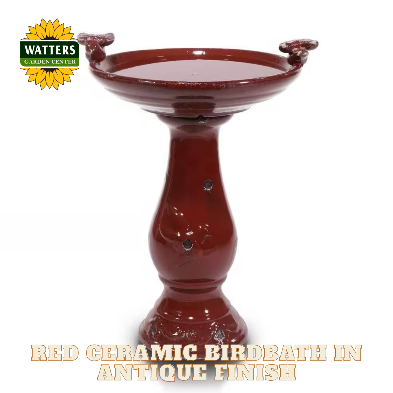 Red ceramic birdbath with 'Watters Garden Center' logo on a white background
