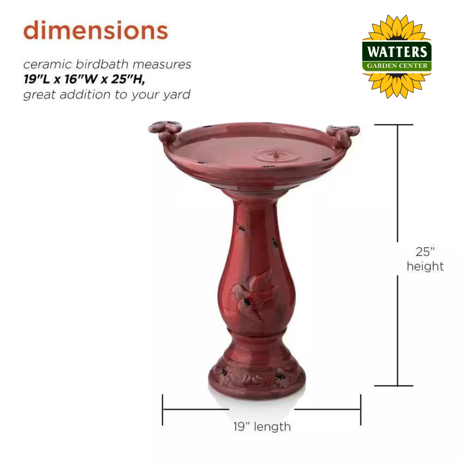 Red ceramic birdbath with dimensions and Watters Garden Center logo