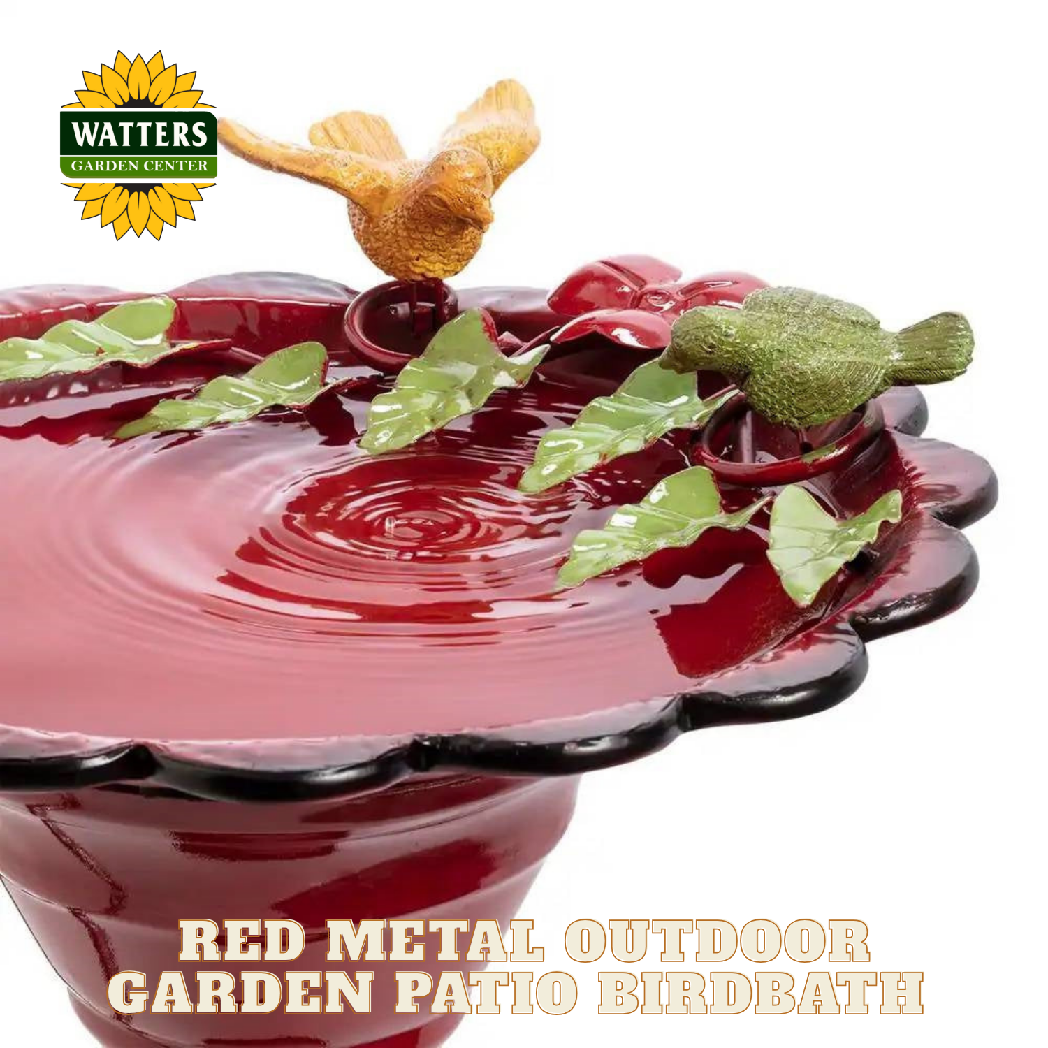 Red metal outdoor garden patio birdbath with decorative elements and Watters Garden Center logo.