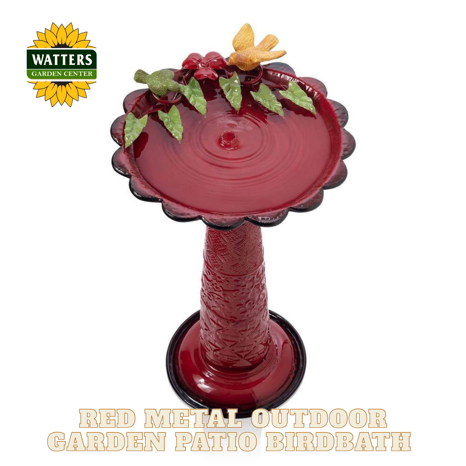 Red metal outdoor garden patio birdbath with decorative elements on a white background, featuring Watters Garden Center logo.