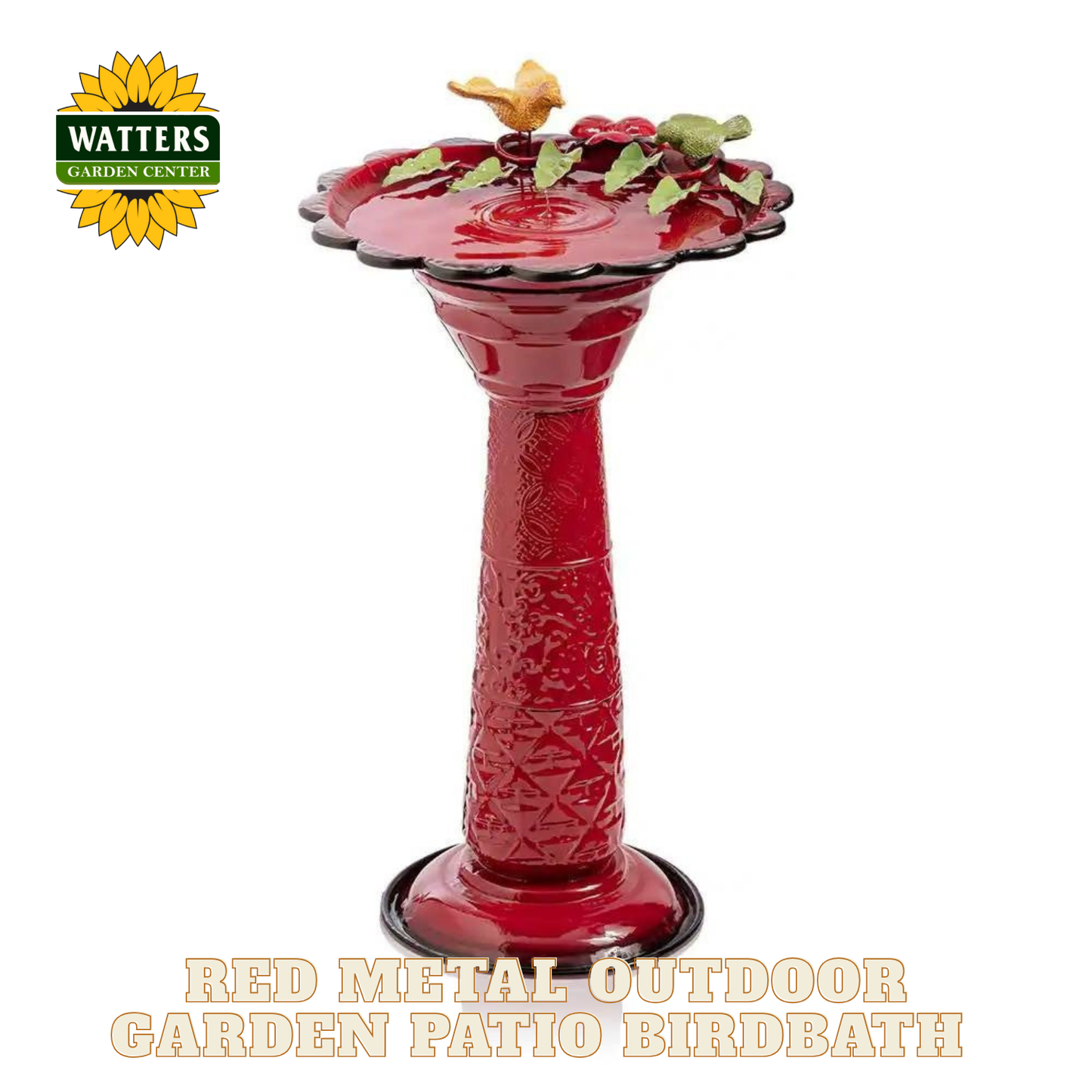 Red metal outdoor garden patio birdbath with decorative elements on a white background, featuring the Watters Garden Center logo.