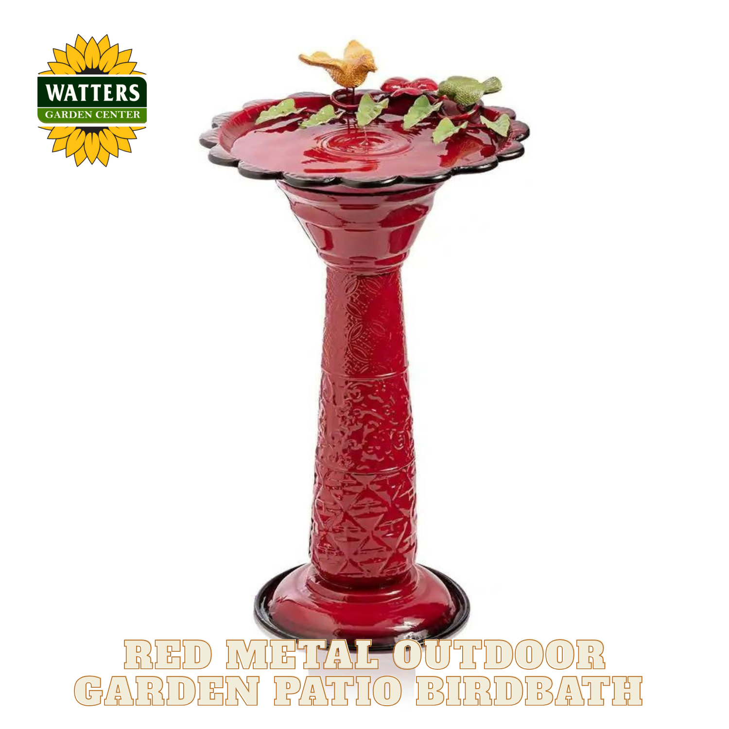 Red metal outdoor garden patio birdbath with decorative elements on a white background, featuring the Watters Garden Center logo.