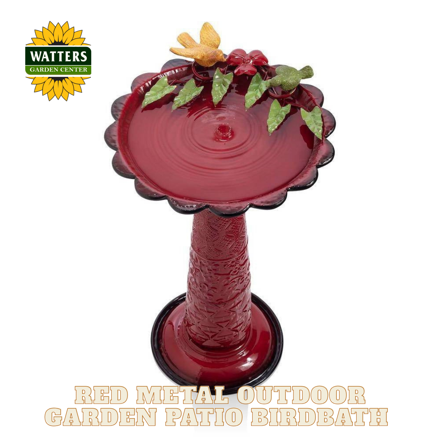 Red metal outdoor garden patio birdbath with decorative elements on a white background, featuring Watters Garden Center logo.