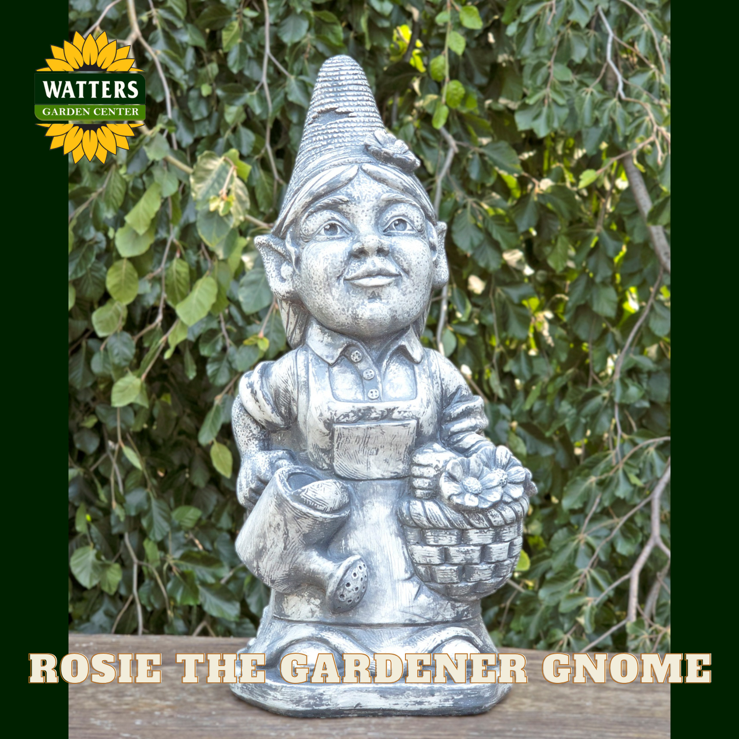 Lady garden gnome holding garden tools and a basket of flowers in a garden setting. Watters logo branding on the image.
