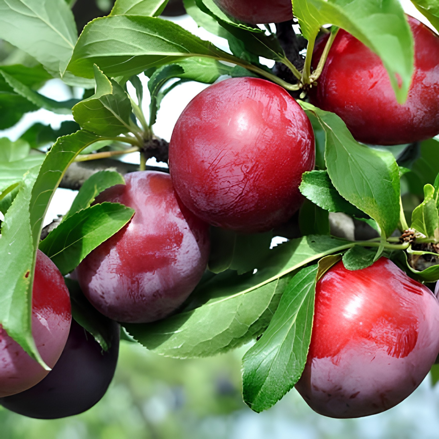 Red plums on a tree branch with green leaves