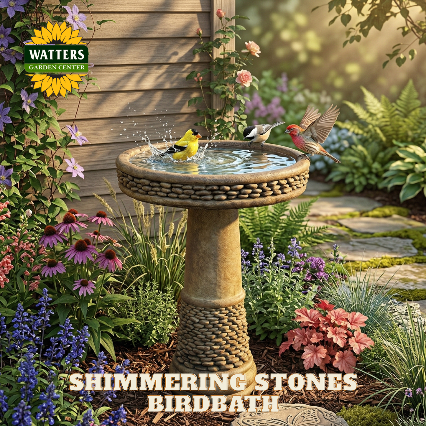 Shimmering Stones Birdbath with birds in a garden setting, featuring Watters Garden Center branding.
