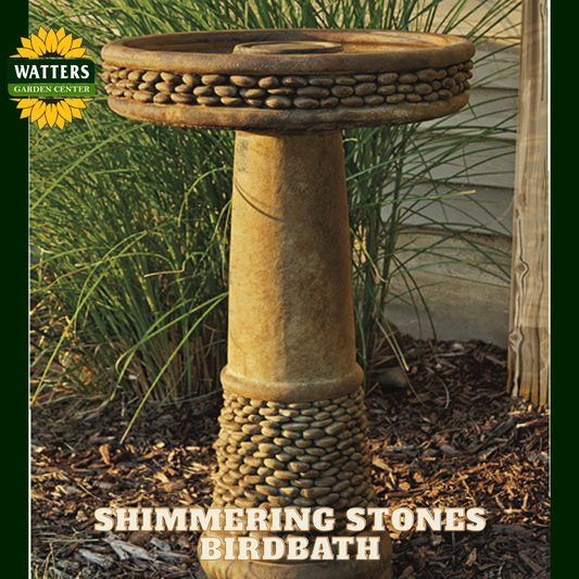 Shimmering Stones Birdbath with Watters Garden Center logo