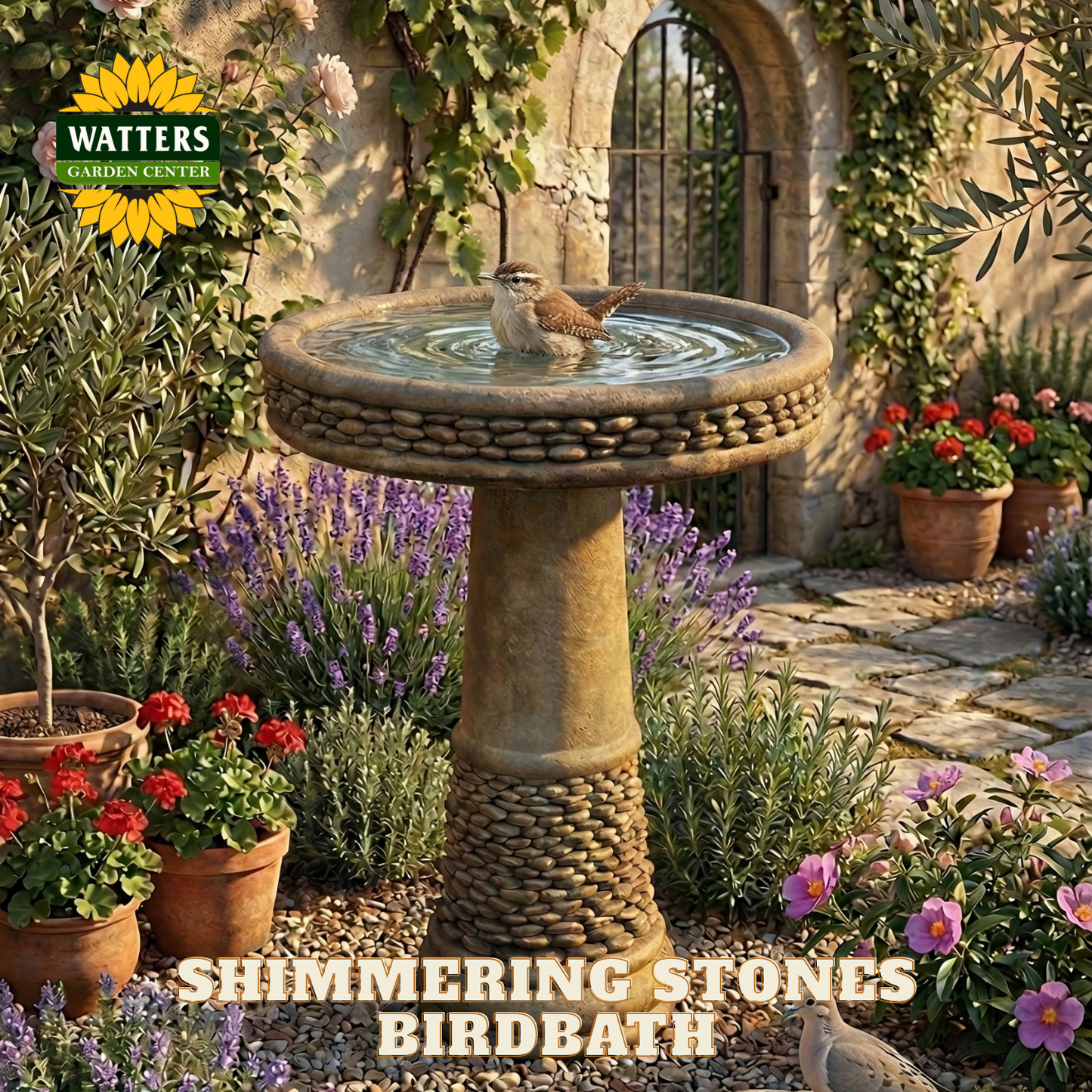 Shimmering Stones birdbath in a garden setting with flowers and plants.